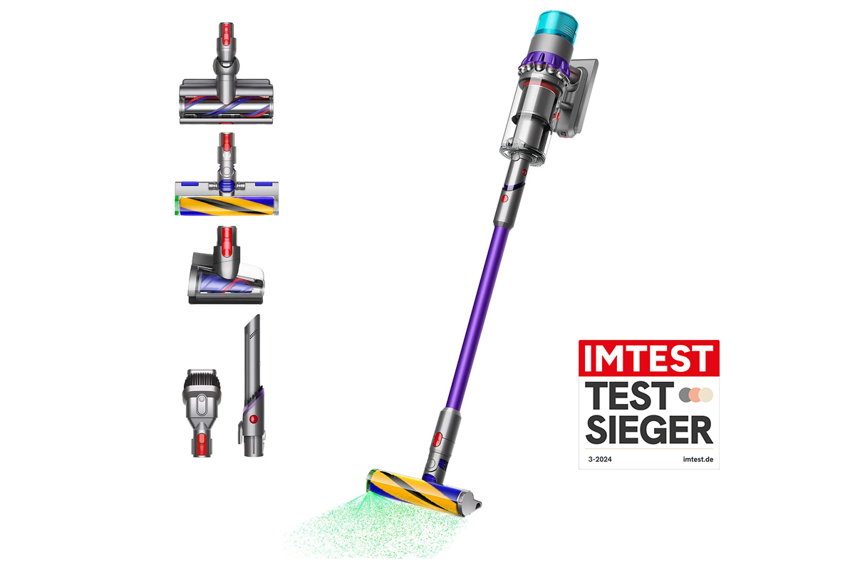 Der Dyson Gen5detect Absolute mit verschiedenen Düsen auf weißem Hintergrund. Das IMTEST-Testsieger-Siegel ist in der rechten unteren Ecke abgebildet.