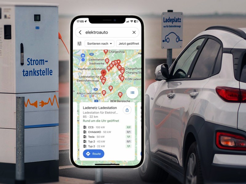 Ein Auto an einer Ladesäule, in der Mitte die App Google Maps auf einem Smartphone