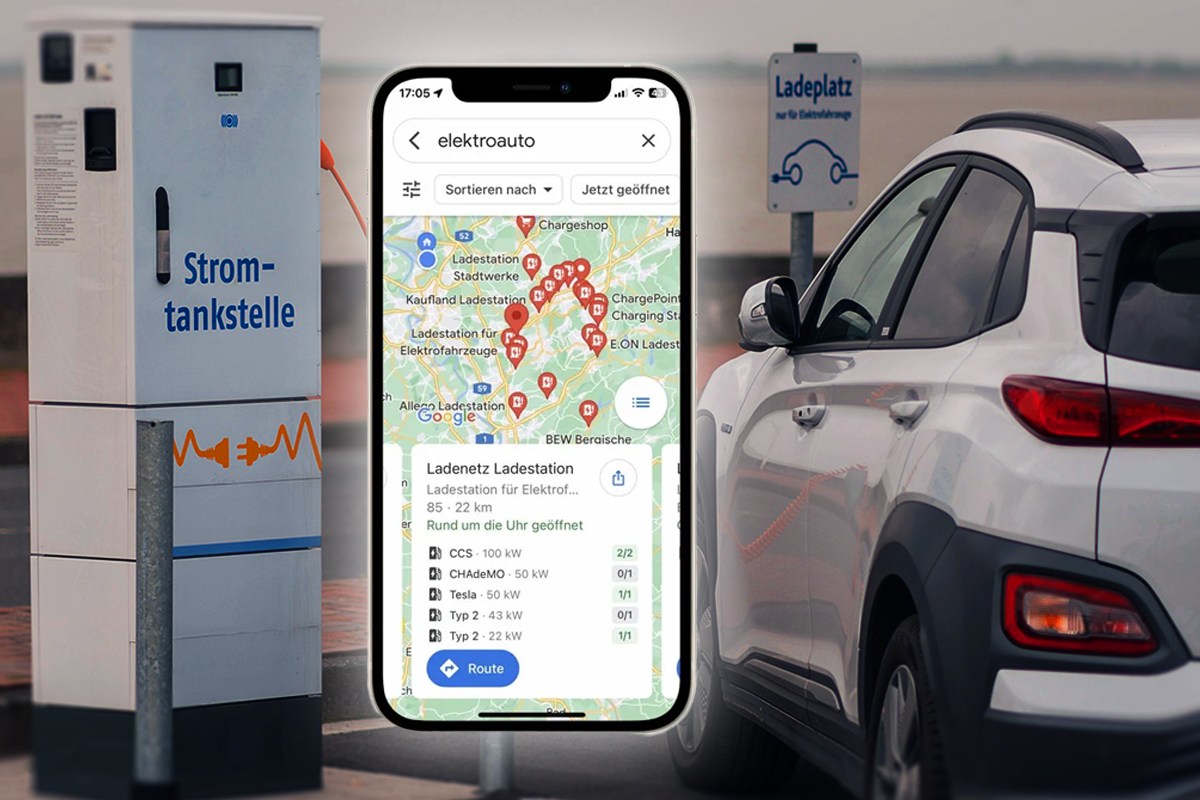 Ein Auto an einer Ladesäule, in der Mitte die App Google Maps auf einem Smartphone