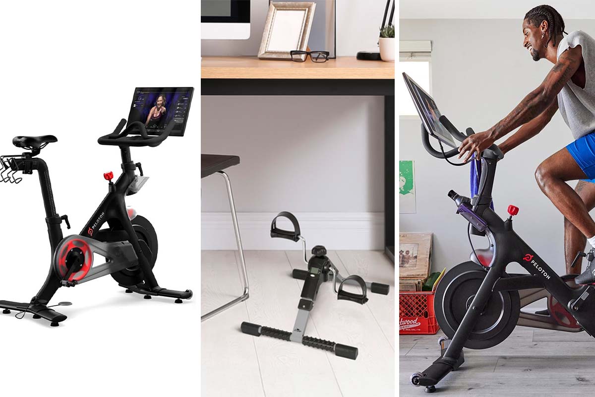 dreigeteiltes Bild: links Productshot Cycling Bike, Mitte: Mini Fahrradtrainer unter einem Schreibtisch, rechts Mann im Anschnitt auf einem Trainingsrad