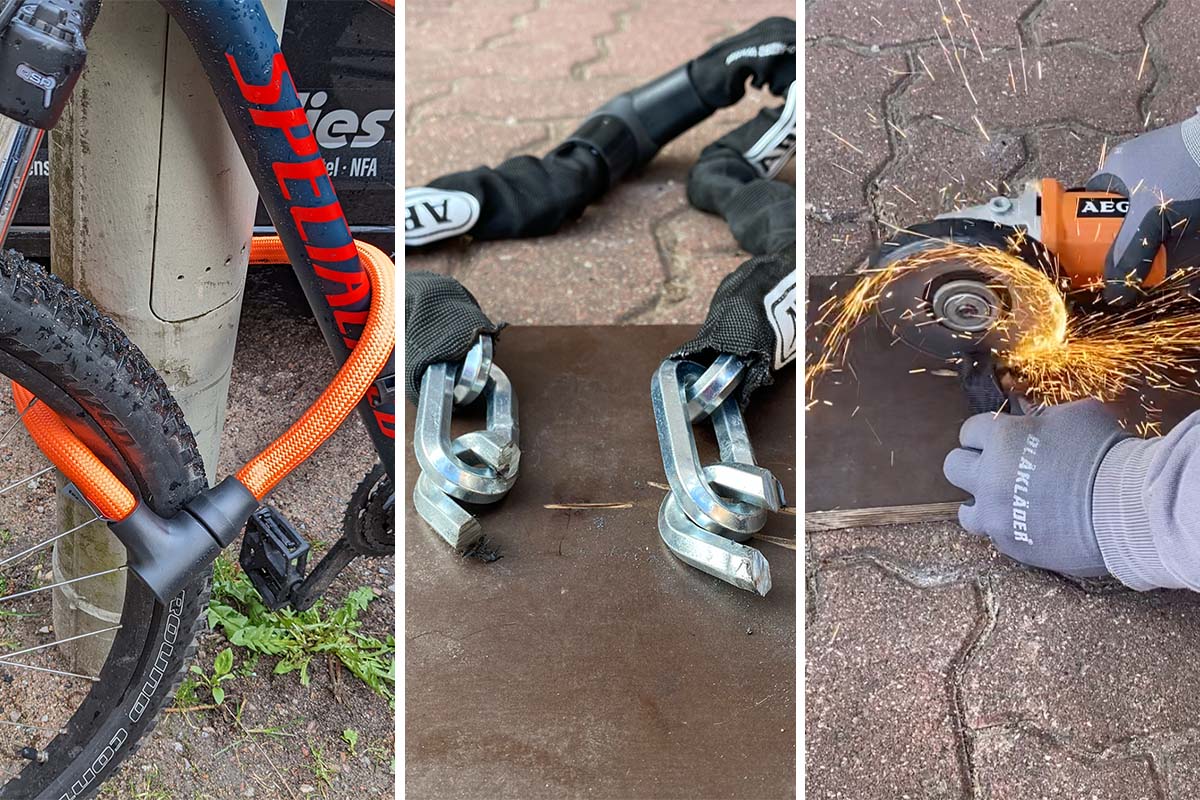 Dreigeteiltes Bild: links Nahaufnahme orangenes Fahrradschloss, dass einen Fahrradrahmen um einen Pfahl hält, mitte Fahrradschloss mit durchtrennter Kette, rechts Flex beim durchtrennen eines Fahrradschlosses