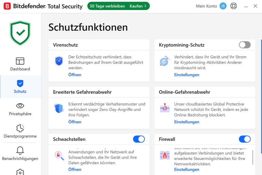 Programmoberfläche von Bitdefender Total Security