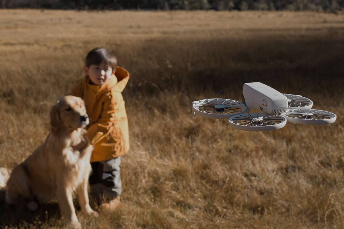 Die Drohne DJI Flip rechts im Bild macht ein Foto von einem Jungen mit einem Hund.