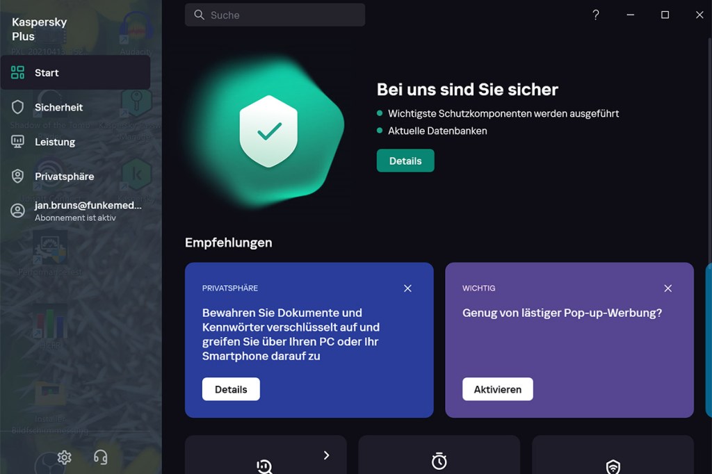 Screenshot vom Dashboard von Kaspersky Plus