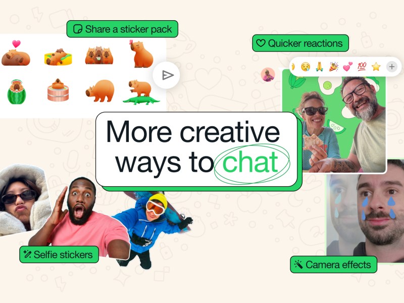 Präsentation der neuen WhatsApp Chat-Features in bunten Bildern mit Selfies und Stickern.