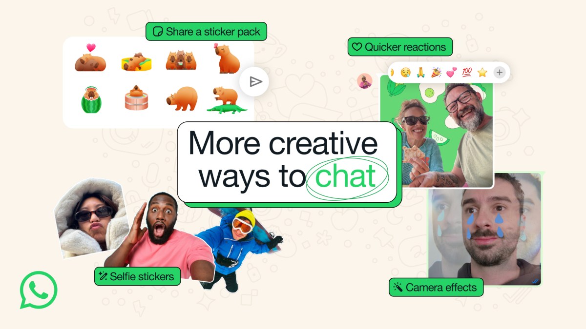 Präsentation der neuen WhatsApp Chat-Features in bunten Bildern mit Selfies und Stickern.