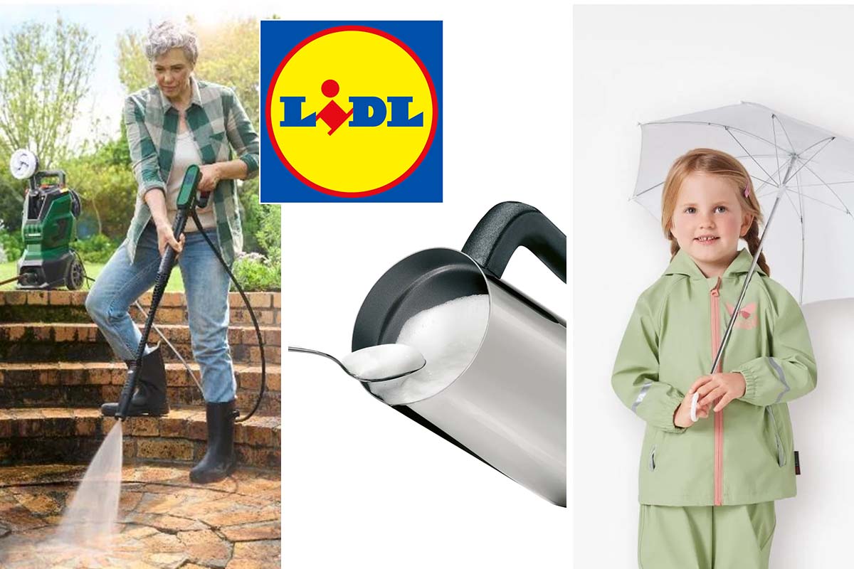 dreigeteiltes Bild: links eine Frau mit einem Hochdruckreiniger, macht einen Steinboden damit sauber, mitte Produktshot Milchaufschäumer mit Milch, rechts Kind mit grüner REgenjacke und Schirm, dazu das Lidl Logo