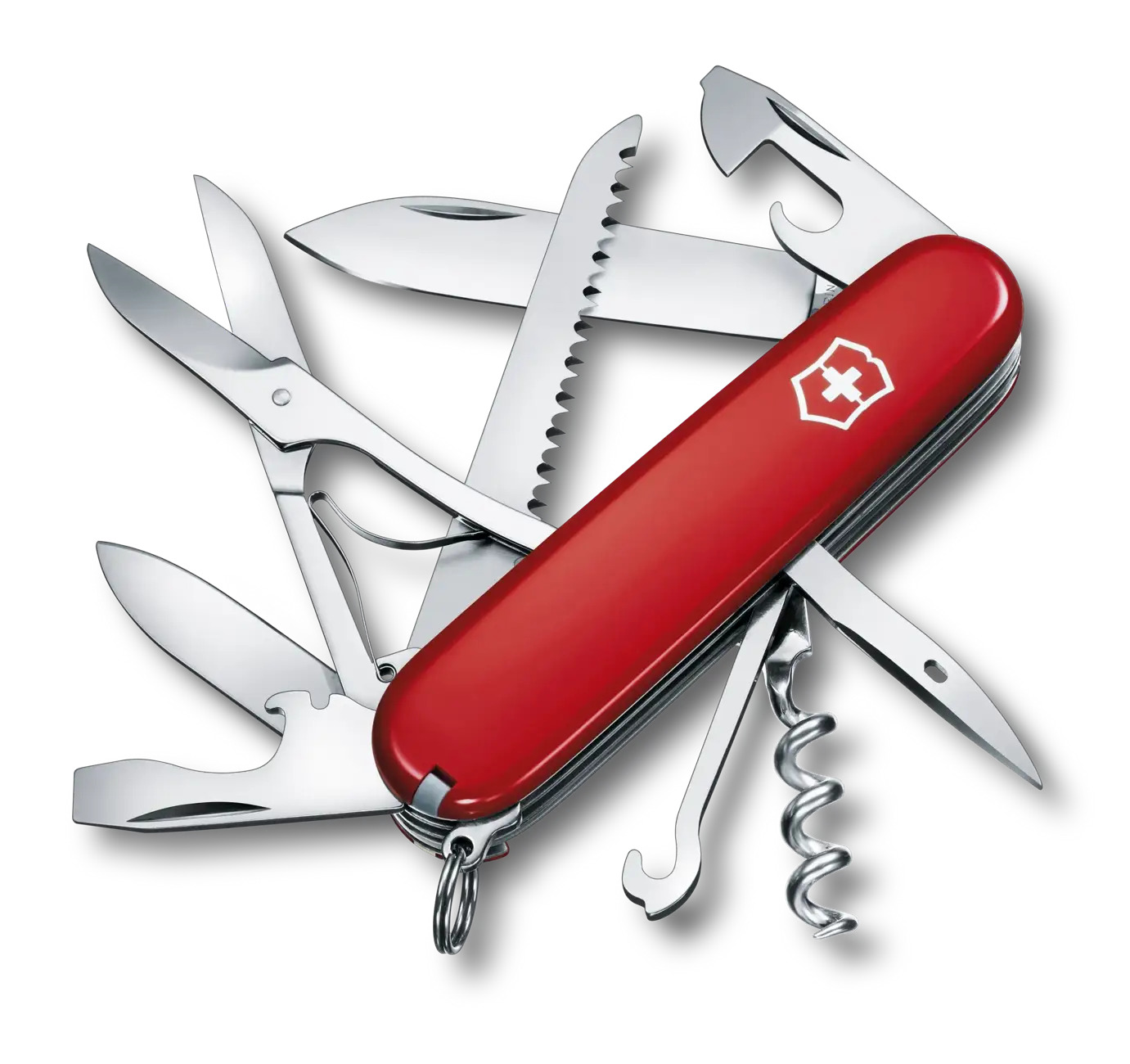 Das rote Taschenmesser Huntsman des Herstellers Victorinox mit ausgeklappten Werkzeugen.