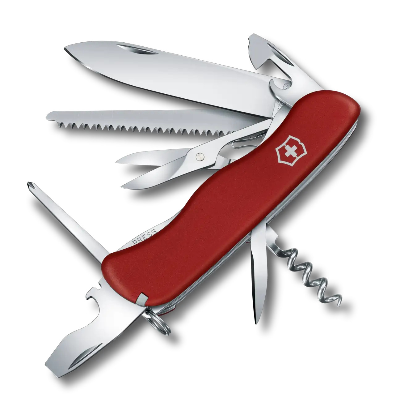 Das Taschenmesser Outrider von Victorinox im markanten Rot mit ausgeklappten Werkzeugen.