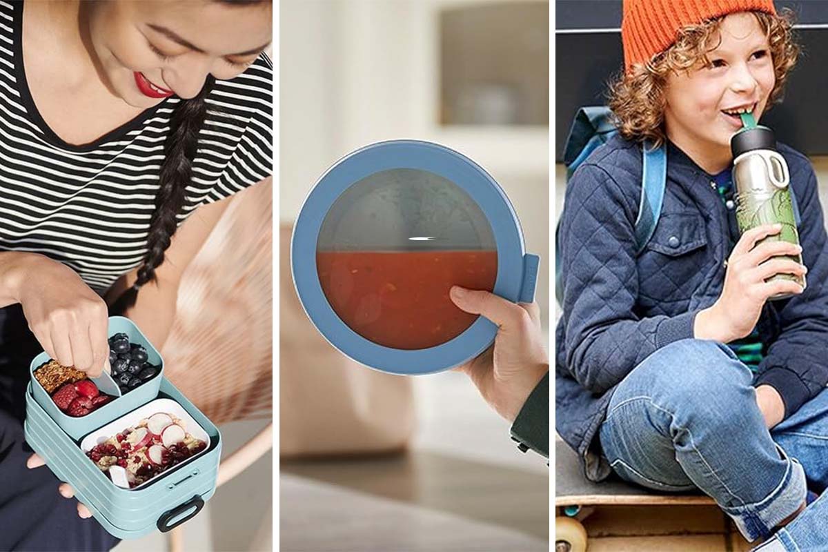 dreigeteiltes Bild: links Frau nascht aus einer Snackbox, mitte Hand hält eine runde Plastikschüssel fest, rechts Junge auf einem Skateboard sitzend, trinkt aus einer Flasche