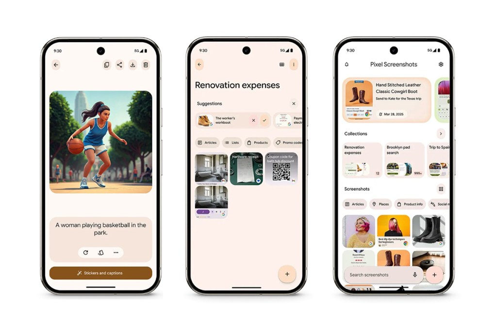 Drei Bildschirme des Google Pixel 9 nebeneinander, sie zeigen Screenhots neuer Features.